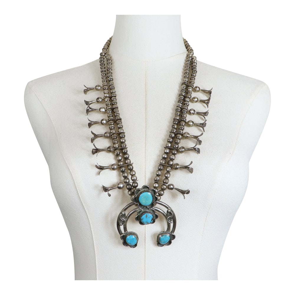 Vintage Navajo Kingman Turquoise Squash Blossom Necklace (1 of 4)