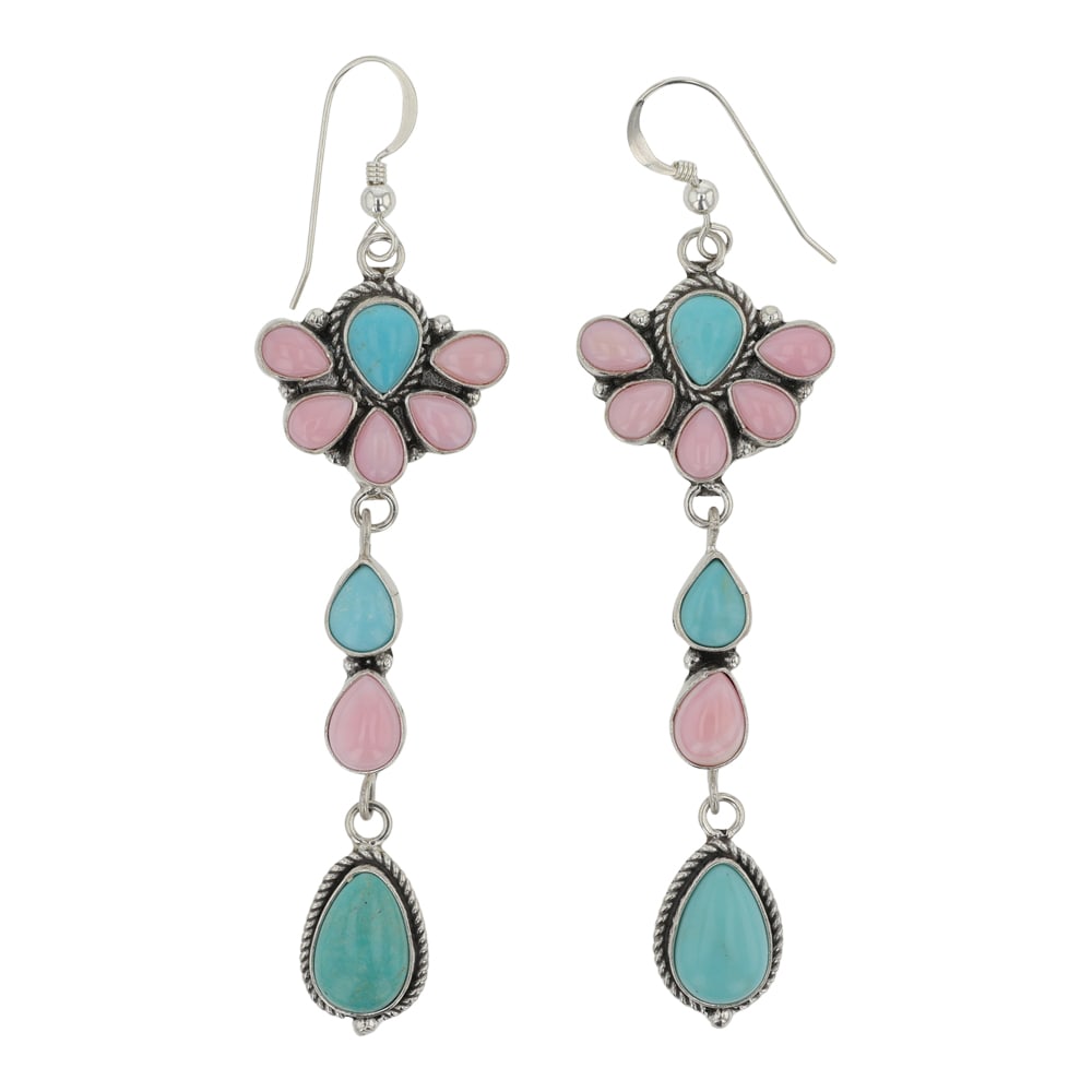 Della Wylie Navajo Campitos Turquoise & Pink Conch Earrings: Sterling Silver | Genuine Turquoise & Pink Conch | Della Wylie Navajo Campitos Turquoise & Pink Conch Earrings | Navajo Native American Southwest Indian Jewelry | Good (no breaks or damages) | Approxi