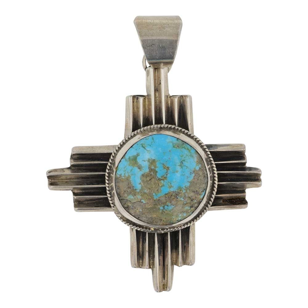 Chimney Butte Campitos Turquoise Zia Symbol Pendant: Sterling Silver | Genuine Campitos Turquoise | Chimney Butte Campitos Turquoise Zia Symbol Pendant | Navajo Native American Southwest Indian Jewelry | Good (no breaks or damages) | Approximate Weight: