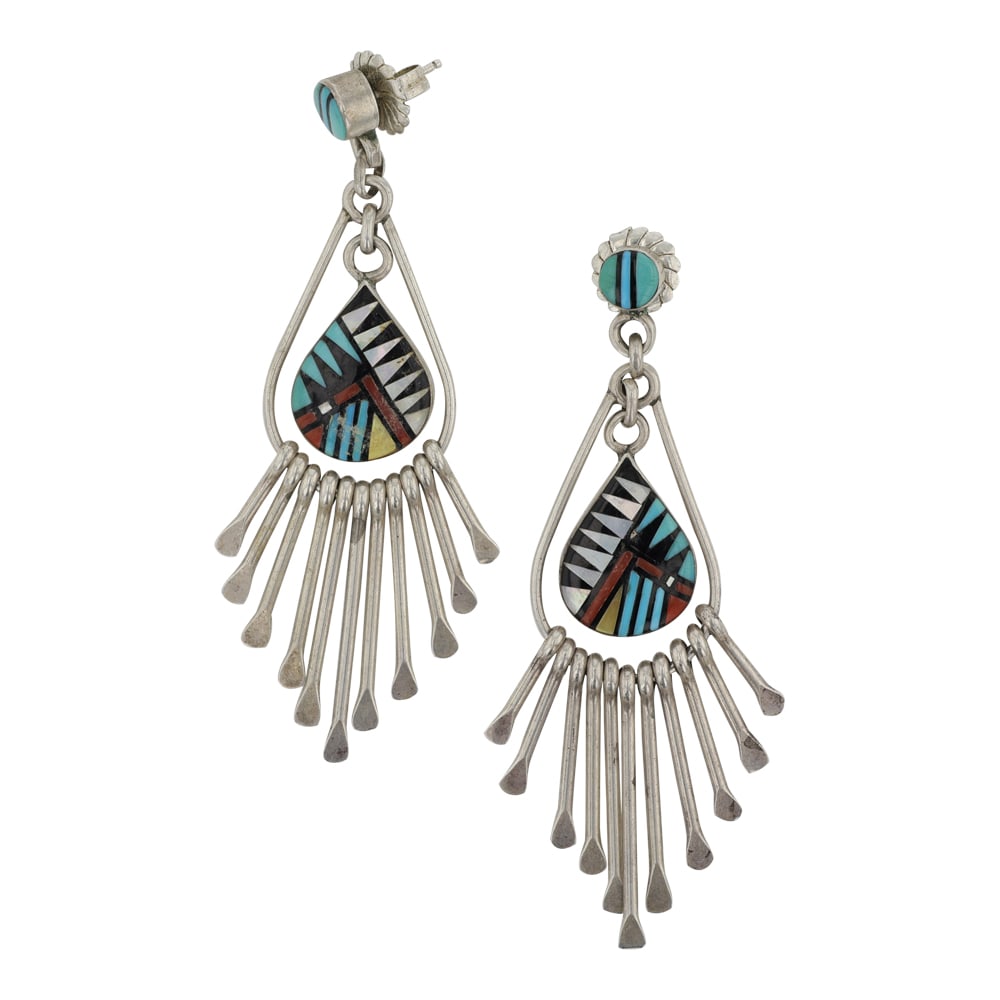 Vintage Zuni Turquoise Coral Mother of Pearl & Acoma Jet Inlay Chandelier Earrings (1 of 2)