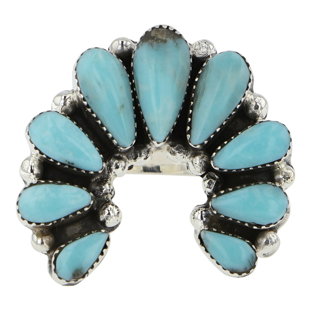 RB Navajo Campitos Turquoise Naja Ring: Sterling Silver | Genuine Campitos Turquoise | RB Navajo Campitos Turquoise Naja Ring | Navajo Native American Southwest Indian Jewelry | Good (no breaks or damages) | Approximate Weight: 8 Grams | Ri