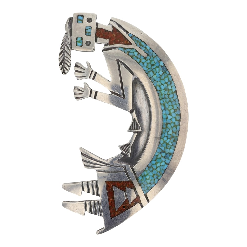 Vintage Navajo Turquoise & Coral Chip Inlay Pin / Pendant: Sterling Silver | Genuine Turquoise & Coral | Vintage Navajo Turquoise & Coral Chip Inlay Pin / Pendant | Navajo Native American Southwest Indian Jewelry | Good (no breaks or damages) | Approximate We