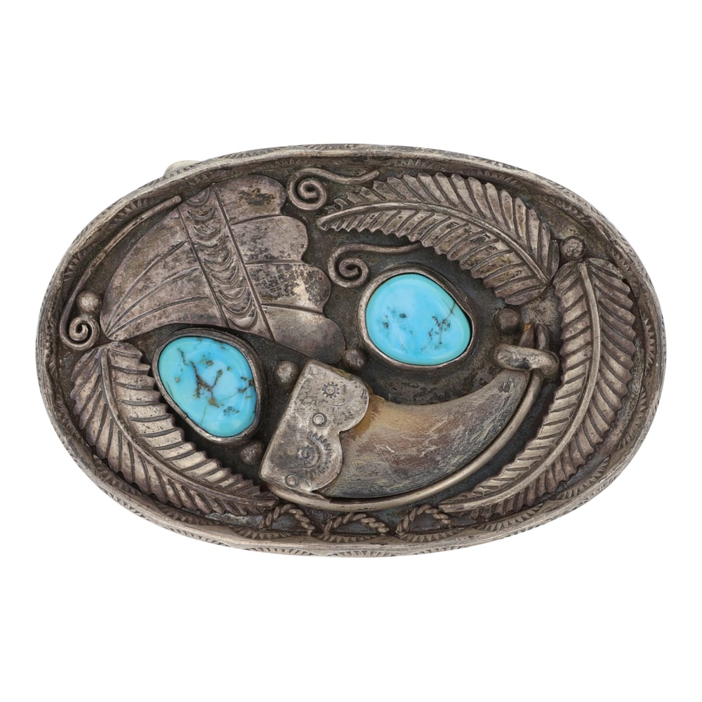 Vintage Navajo Kingman Turquoise Bear Claw Belt Buckle (1 of 2)