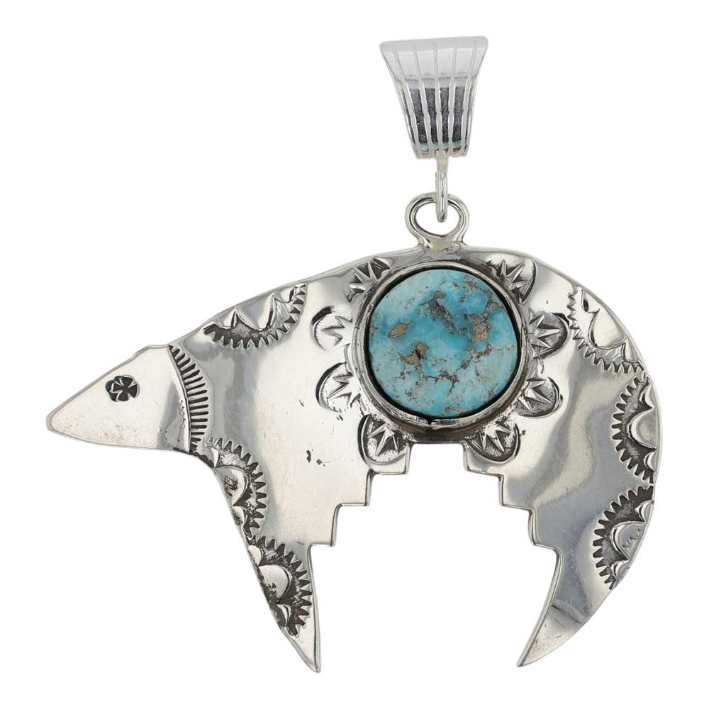 Calvin Begay Navajo Blue Ridge Turquoise Bear Pendant: Sterling Silver | Genuine Blue Ridge Turquoise | Calvin Begay Navajo Blue Ridge Turquoise Bear Pendant | Navajo Native American Southwest Indian Jewelry | Good (no breaks or damages) | Approximate
