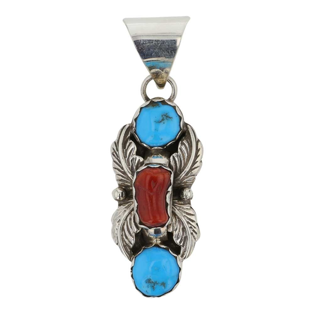 Navajo Turquoise & Coral Pendant: Sterling Silver | Genuine Turquoise & Coral | Navajo Turquoise & Coral Pendant | Navajo Native American Southwest Indian Jewelry | Good (no breaks or damages) | Approximate Weight: 6 Grams | Pendant: