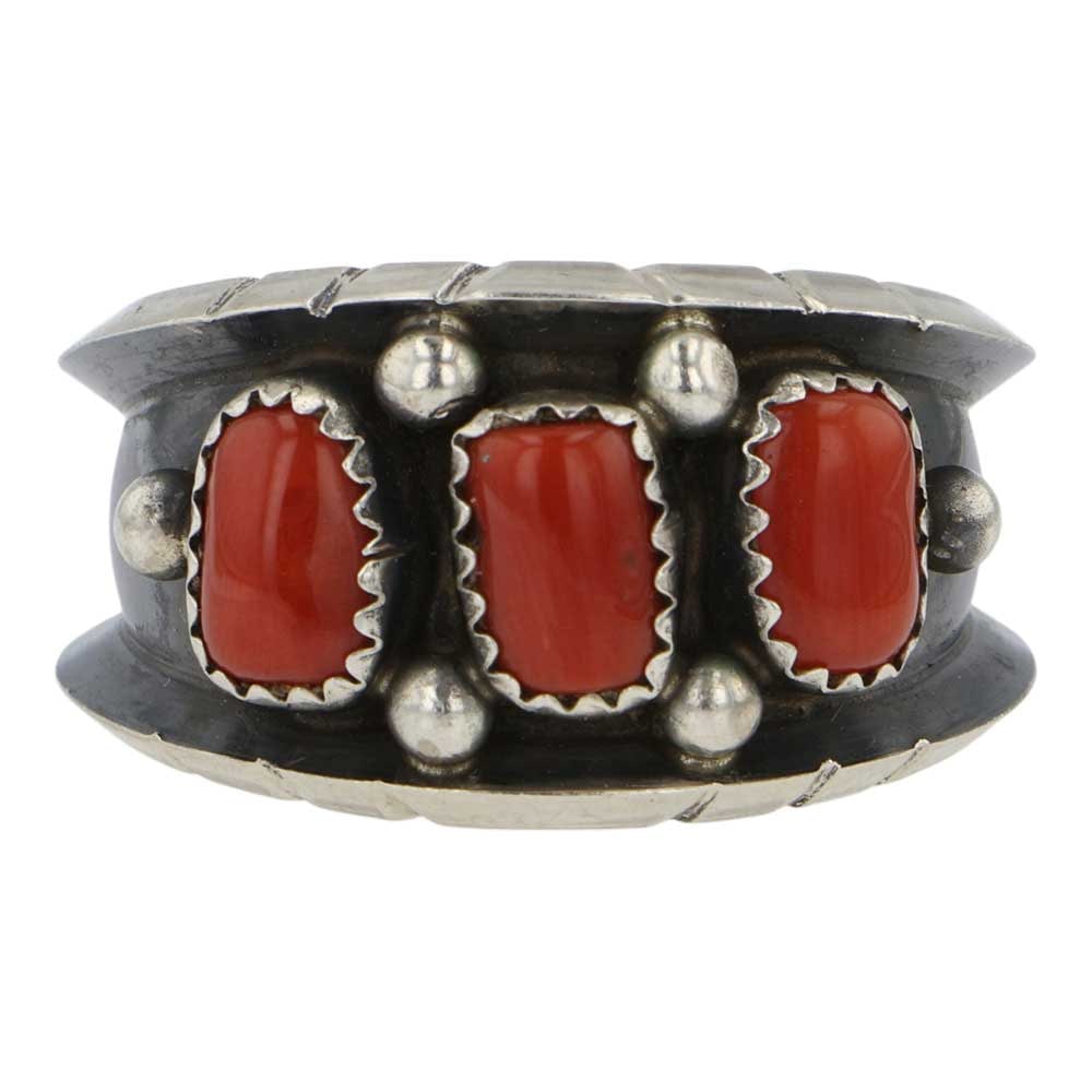 Navajo Coral Three Stone Ring: Sterling Silver | Genuine Coral | Navajo Coral Three Stone Ring | Navajo Native American Southwest Indian Jewelry | Good (no breaks or damages) | Approximate Weight: 8 Grams | Ring: 13 size, .5" face 