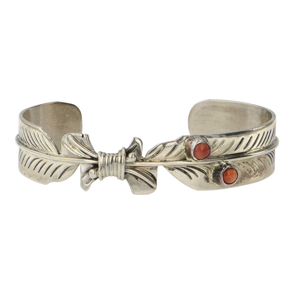 Navajo Spiny Oyster Feather Bracelet: Sterling Silver | Genuine Spiny Oyster | Navajo Spiny Oyster Feather Bracelet | Navajo Native American Southwest Indian Jewelry | Good (no breaks or damages) | Approximate Weight: 18 Grams | Bracelet: