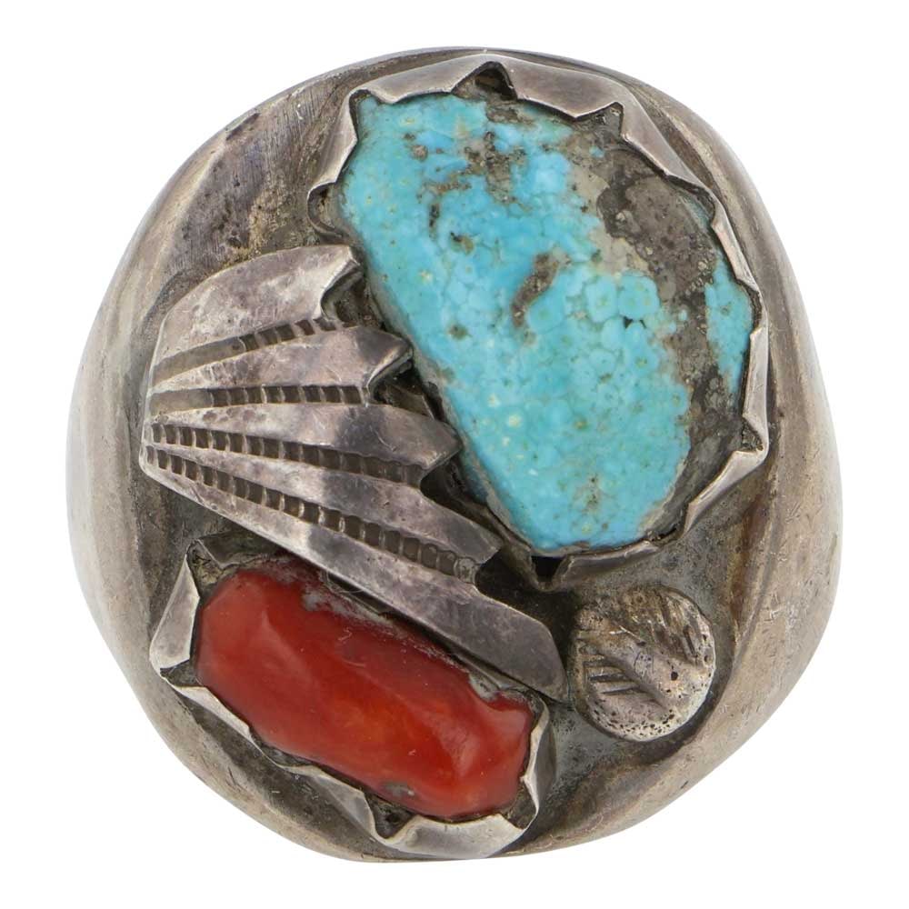 Vintage Navajo Turquoise & Coral Ring: Sterling Silver | Genuine Turquoise & Coral Ring | Vintage Navajo Turquoise & Coral Ring | Navajo Native American Southwest Indian Jewelry | Good (no breaks or damages) | Approximate Weight: 27 Grams 