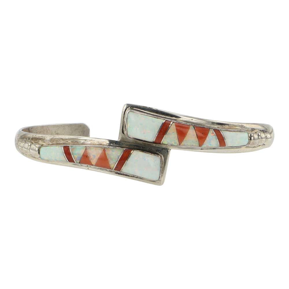 Navajo Coral & Synthetic Opal Inlay Bracelet: Sterling Silver | Genuine Coral & Synthetic Opal | Navajo Coral & Synthetic Opal Inlay Bracelet | Navajo Native American Southwest Indian Jewelry | Good (no breaks or damages) | Approximate Weight: 16