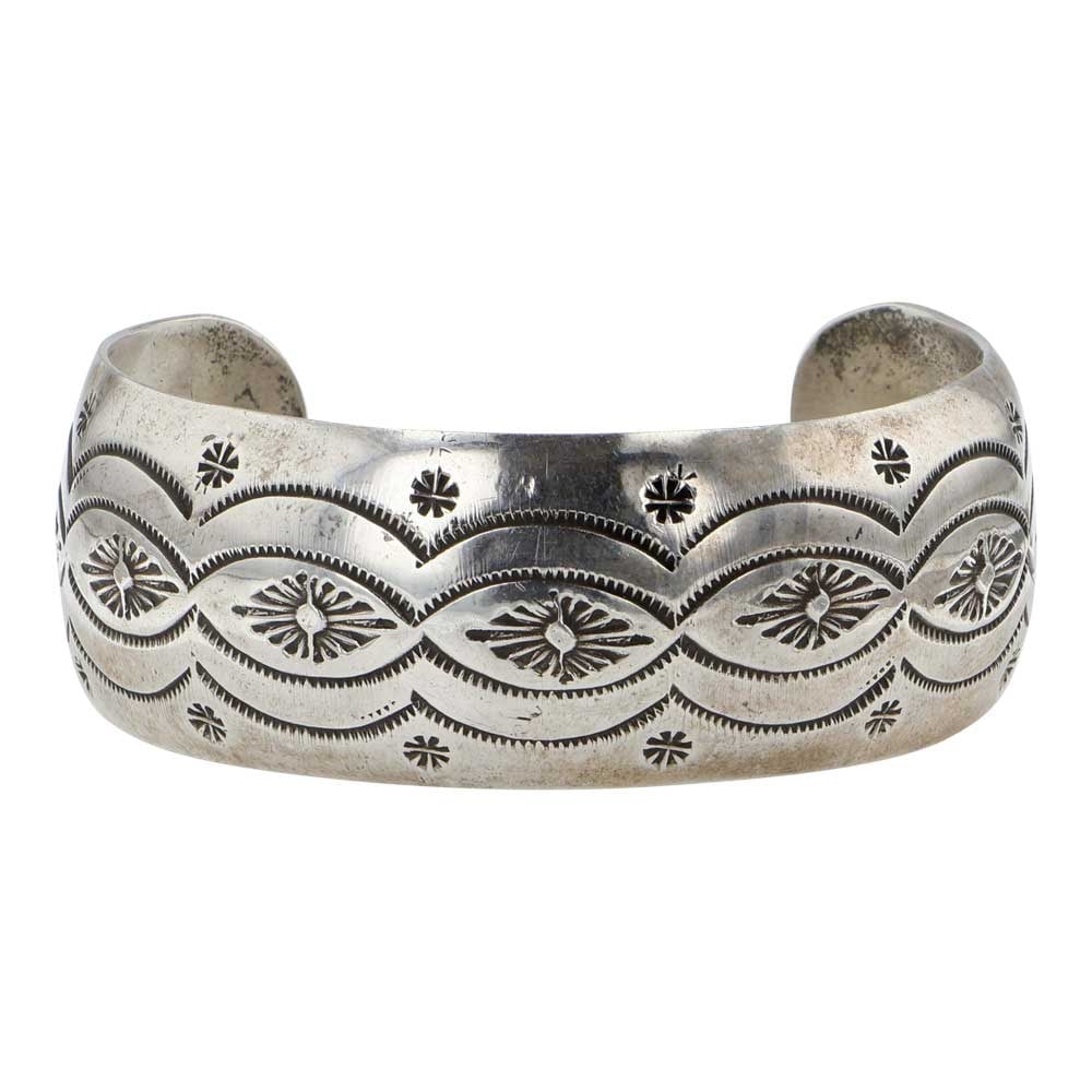 Wilbur Tracy Navjao Stamp-Work Cuff Bracelet: Sterling Silver | | Wilbur Tracy Navjao Stamp-Work Cuff Bracelet | Navajo Native American Southwest Indian Jewelry | Good (no breaks or damages) | Approximate Weight: 31 Grams | Bracelet: 5.75" inner,