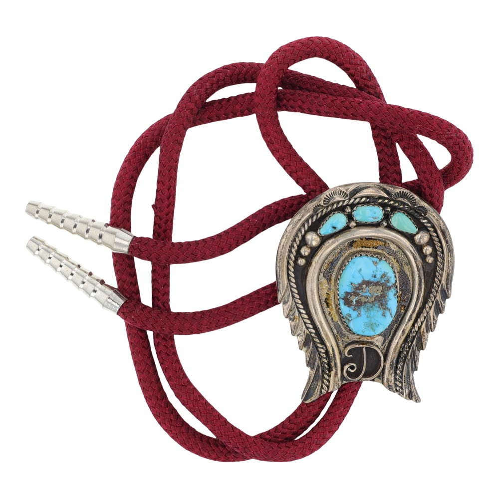 Vintage Navajo Ithaca Peak Turquoise Bolo Tie Sterling Sivler With Nickel Tips (1 of 3)