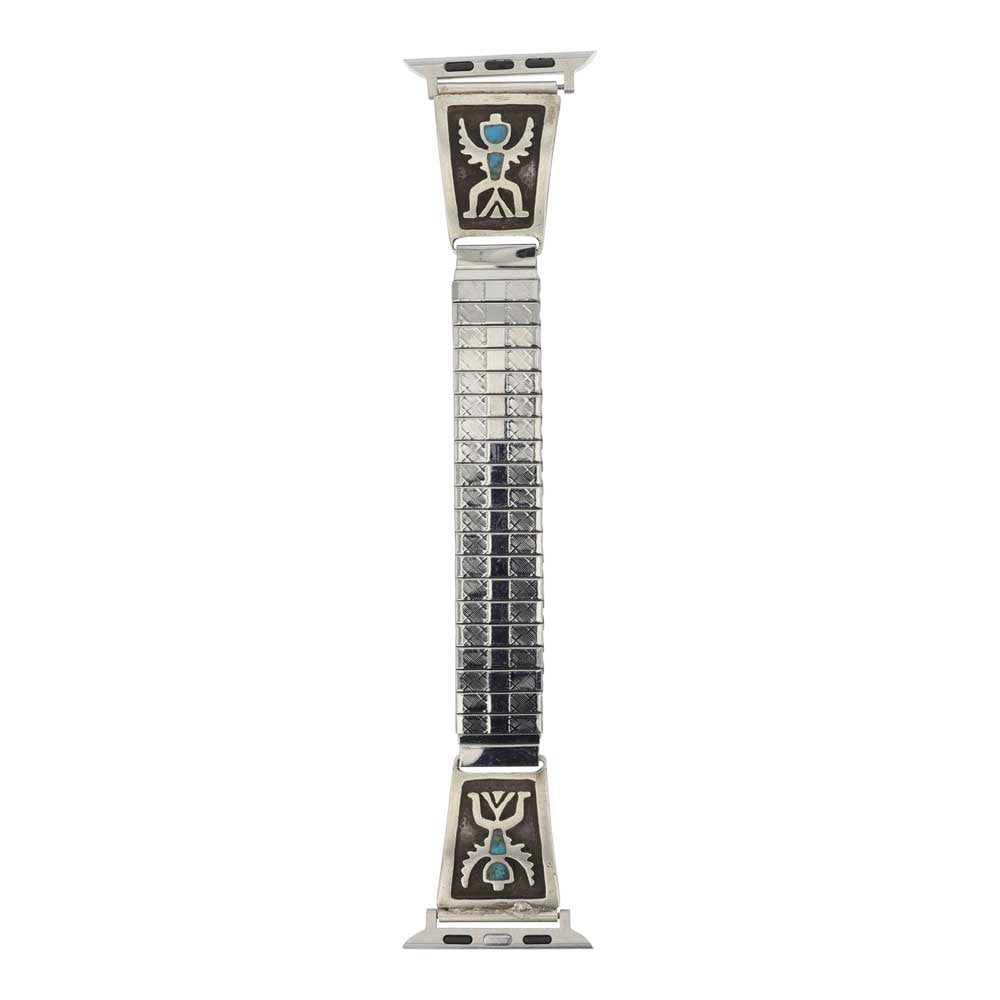 Navajo Turquoise Inlay Watch Bracelet with Apple Watch Adapter: Sterling Silver | | Navajo Turquoise Inlay Watch Bracelet with Apple Watch Adapter | Navajo Native American Southwest Indian Jewelry | Good (no breaks or damages) | Approximate Weight: 34 Grams | Watc