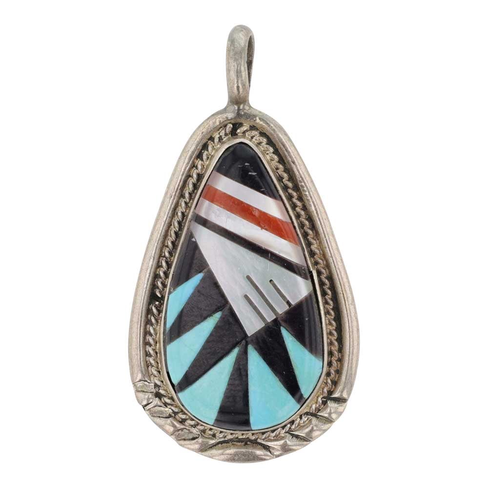 Zuni Turquoise Coral Jet & Mother of Pearl Inlay Pendant: Sterling Silver | Gneuine Turquoise, Coral, Jet & Mother of Pearl | Zuni Turquoise Coral Jet & Mother of Pearl Inlay Pendant | Zuni Native American Southwest Indian Jewelry | Good (no breaks or damage