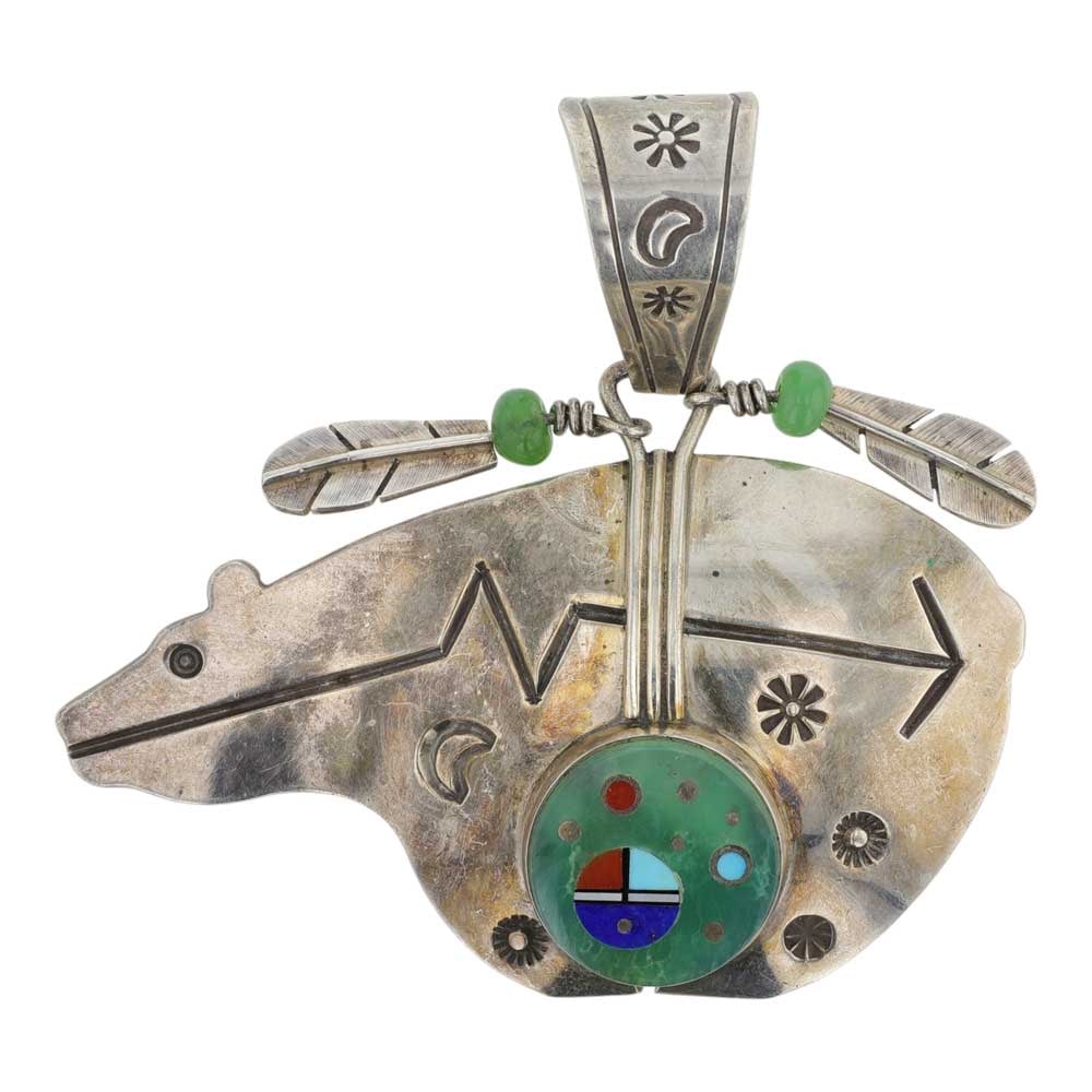 Ernest Bneally Navjao Turquoise Coral & Lapis Inlay Bear Pendant: Sterling Silver | Genuine Turquoise & Coral | Ernest Bneally Navjao Turquoise Coral & Lapis Inlay Bear Pendant | Navajo Native American Southwest Indian Jewelry | Good (no breaks or damages) | Approxi