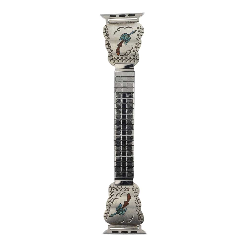Navajo Turquoise & Coral Chip Inlay Watch bracelet With Apple Watch Adapter: Sterling Silver | Genuine Turquoise & Coral | Navajo Turquoise & Coral Chip Inlay Watch bracelet With Apple Watch Adapter | Navajo Native American Southwest Indian Jewelry | Good (no breaks or damages