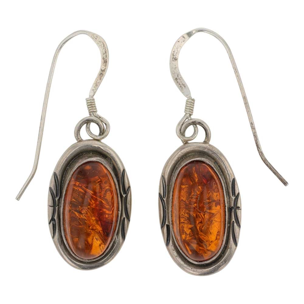 Navajo Amber Earrings: Sterling Silver | Genuine Amber | Navajo Amber Earrings | Navajo Native American Southwest Indian Jewelry | Good (no breaks or damages) | Approximate Weight:?3 Grams | Earrings: .75" x .5" each |