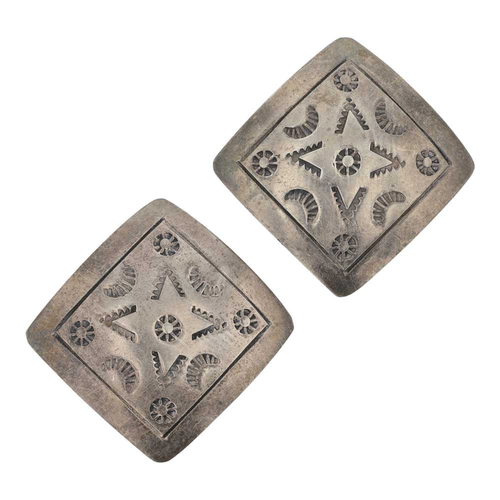 Vintage Navajo Stamp-Work Clip-on Earrings: Sterling Silver | | Vintage Navajo Stamp-Work Clip-on Earrings | Navajo Native American Southwest Indian Jewelry | Good (no breaks or damages) | Approximate Weight:?18 Grams | Earrings: 1.5" x 1.5"