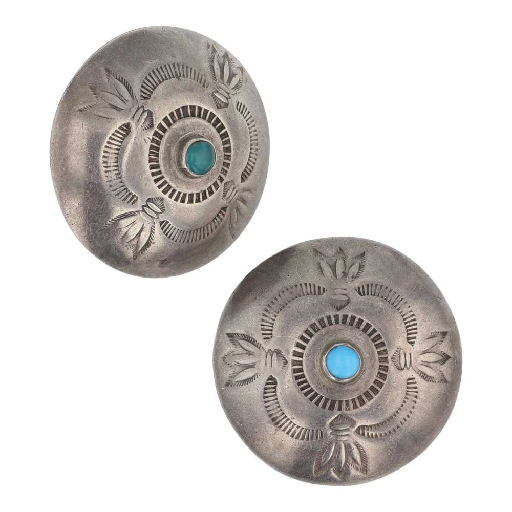 Vintage Navajo Turquoise Stamp-Work Button Earrings: Sterling Silver | Genuine Turquoise | Vintage Navajo Turquoise Stamp-Work Button Earrings | Navajo Native American Southwest Indian Jewelry | Good (no breaks or damages) | Approximate Weight:?13 Grams