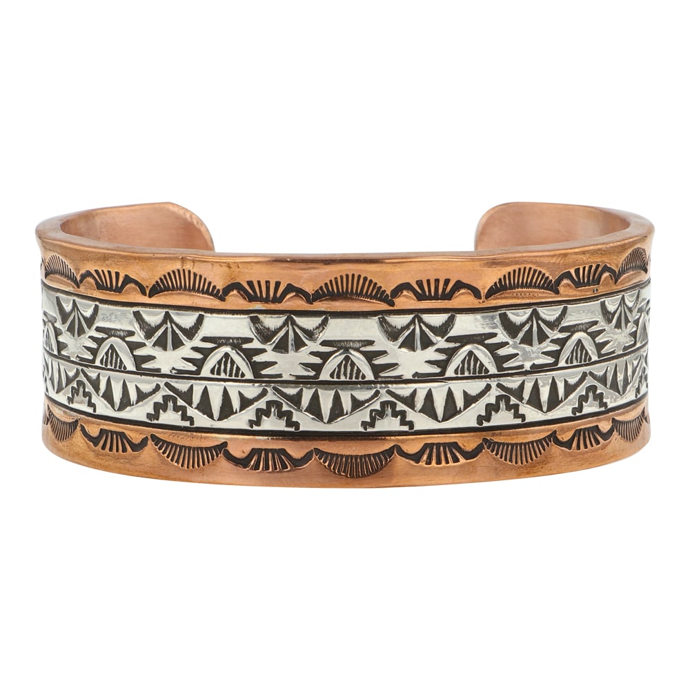 Navajo Sterling Silver & Copper Heavy Stamp-Work Cuff Bracelet: Sterling Silver & Copper | | Navajo Sterling Silver & Copper Heavy Stamp-Work Cuff Bracelet | Navajo Native American Southwest Indian Jewelry | Good (no breaks or damages) | Approximate Weight:?117 Gr