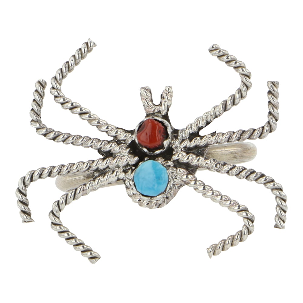 Navajo Turquoise & Coral Spider Ring: Sterling Silver | Genuine Kingman Turquoise & Coral | Navajo Turquoise & Coral Spider Ring | Navajo Native American Southwest Indian Jewelry | Good (no breaks or damages) | Approximate Weight:?2