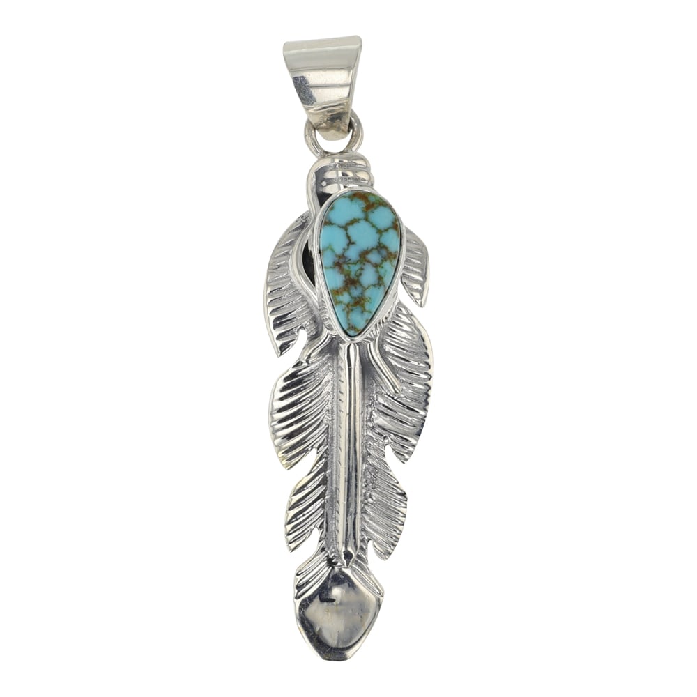 June Delgarito Navajo Turquoise Mountain Turquoise Feather Pendant: Sterling Silver | Genuine Turquoise Mountain Turquoise | June Delgarito Navajo Turquoise Mountain Turquoise Feather Pendant | Navajo Native American Southwest Indian Jewelry | Good (no breaks or damag