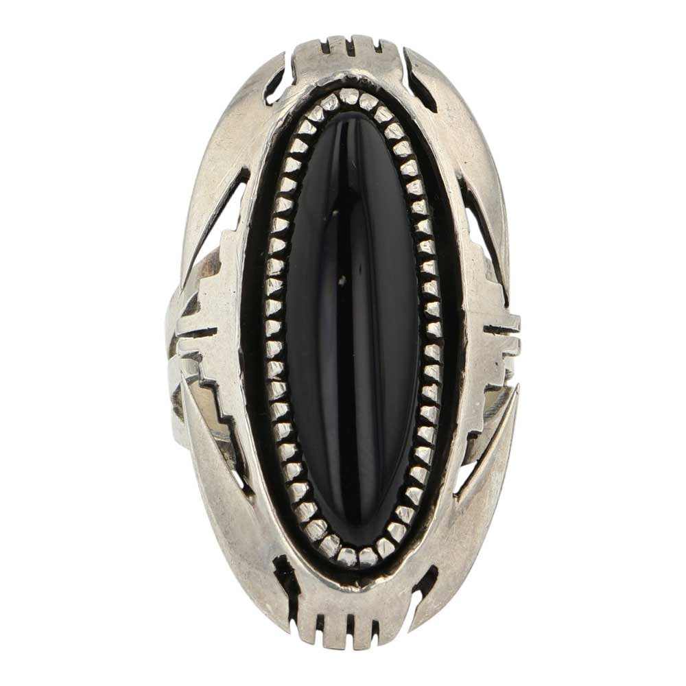 Leonard Platero Navajo Black Onyx Saw Work: Sterling Silver | Genuine Black Onyx | Leonard Platero Navajo Black Onyx Saw Work | Navajo Native American Southwest Indian Jewelry | Good (no breaks or damages) | Approximate Weight:?12 Grams | Ring: