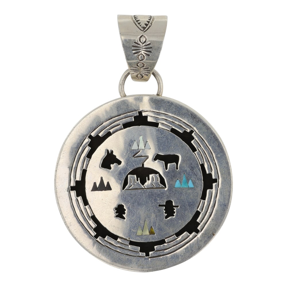 Jeff James Jr. Navjao Turquoise & Mother of Peral Pendant: Sterling Silver | Genuine Turquoise & Mother of Pearl | Jeff James Jr. Navjao Turquoise & Mother of Peral Pendant | Navajo Native American Southwest Indian Jewelry | Good (no breaks or damages) |