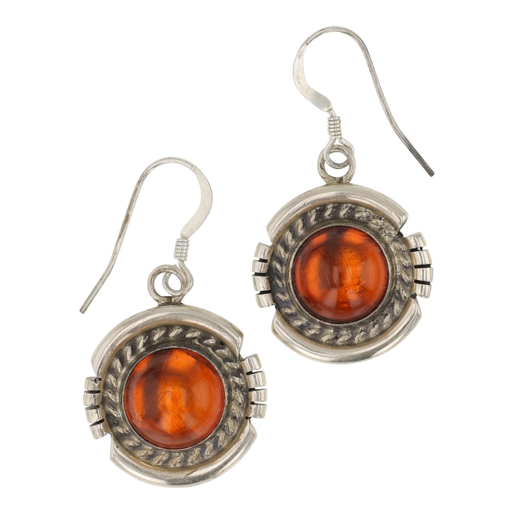 Ella Linkin Navajo Amber Earrings: Sterling Silver | Genuine Amber | Ella Linkin Navajo Amber Earrings | Navajo Native American Southwest Indian Jewelry | Good (no breaks or damages) | Approximate Weight:?8 Grams | Earrings: .75" x