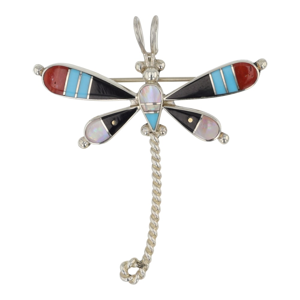 Zuni Turquoise Coral Acoma Jet & Mother of Pearl Inlay Dragonfly Pin/ Pendant: Sterling Silver | Genuine Turquoise, Coral, Acoma Jet & Mother of Pearl | Zuni Turquoise Coral Acoma Jet & Mother of Pearl Inlay Dragonfly Pin/ Pendant | Zuni Native American Southwest Indian Jewelry