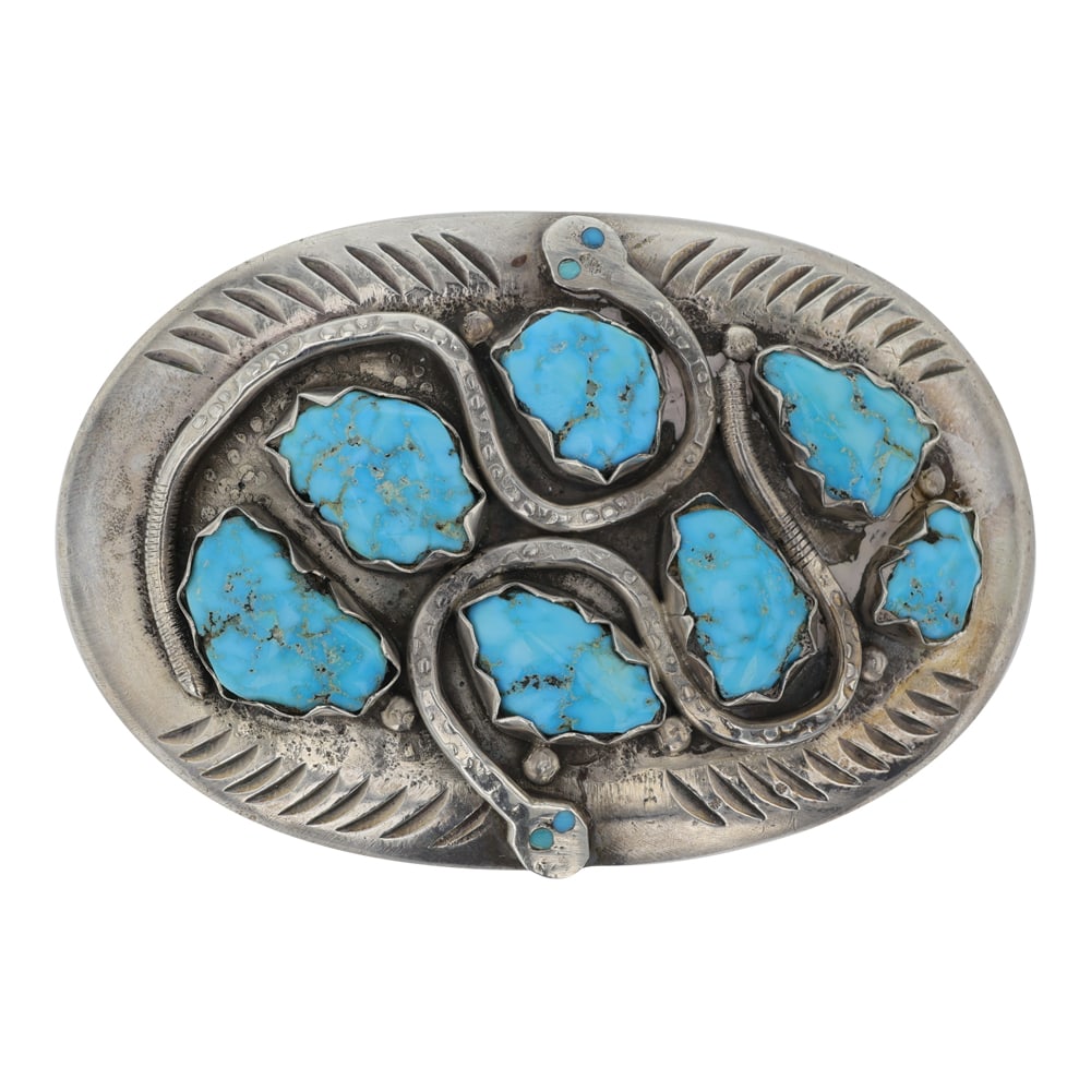 Effie Calvaza Zuni Vintage Kignman Turquoise Snake Eye Belt Buckle: Sterling Silver | Genuine Kingman Turquoise | Effie Calvaza Zuni Vintage Kignman Turquoise Snake Eye Belt Buckle | Zuni Native American Southwest Indian Jewelry | Good (no breaks or damages) |