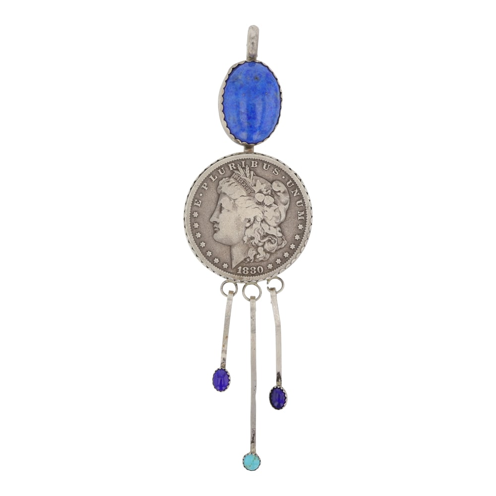 Betty Yellowhorse Navajo Turquoise Lapis & Morgan Silver Dollar Pendant (1 of 2)