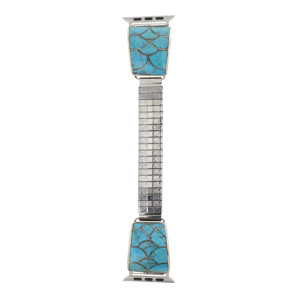 Zuni Turquoise Watch Bracelet Apple Watch Adapter: Sterling Silver | Genuine Turquoise | Zuni Turquoise Watch Bracelet Apple Watch Adapter | Zuni Native American Southwest Indian Jewelry | Good (no breaks or damages) | Approximate Weight:?46 Grams |