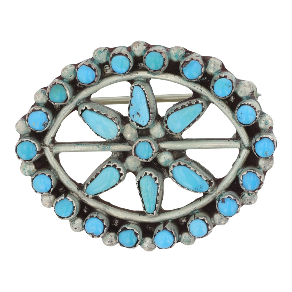 Zuni Kingman Turquoise Pin / Pendant: Sterling Silver | Genuine Kingman Turquoise | Zuni Kingman Turquoise Pin / Pendant | Navajo Native American Southwest Indian Jewelry | Good (no breaks or damages) | Approximate Weight:?5 Grams | Pin: