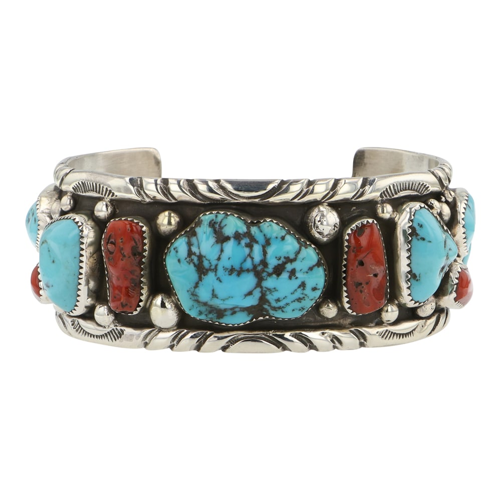Navajo Turquoise & Coral Large Cuff Bracelet (1 of 4)