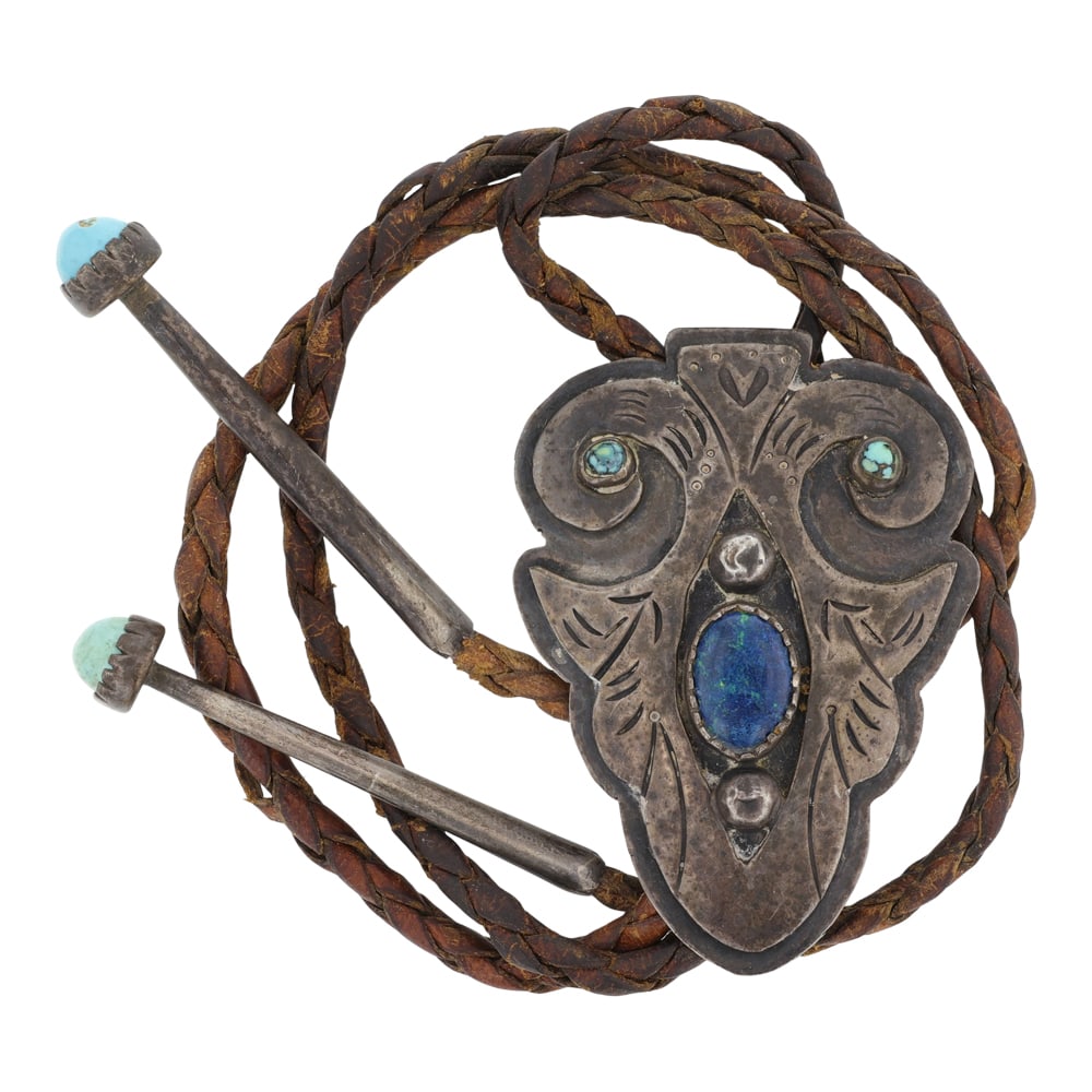 Vintage Navajo Turquoise & Coral Chrysocolla Arrow Head Bolo Tie (1 of 3)