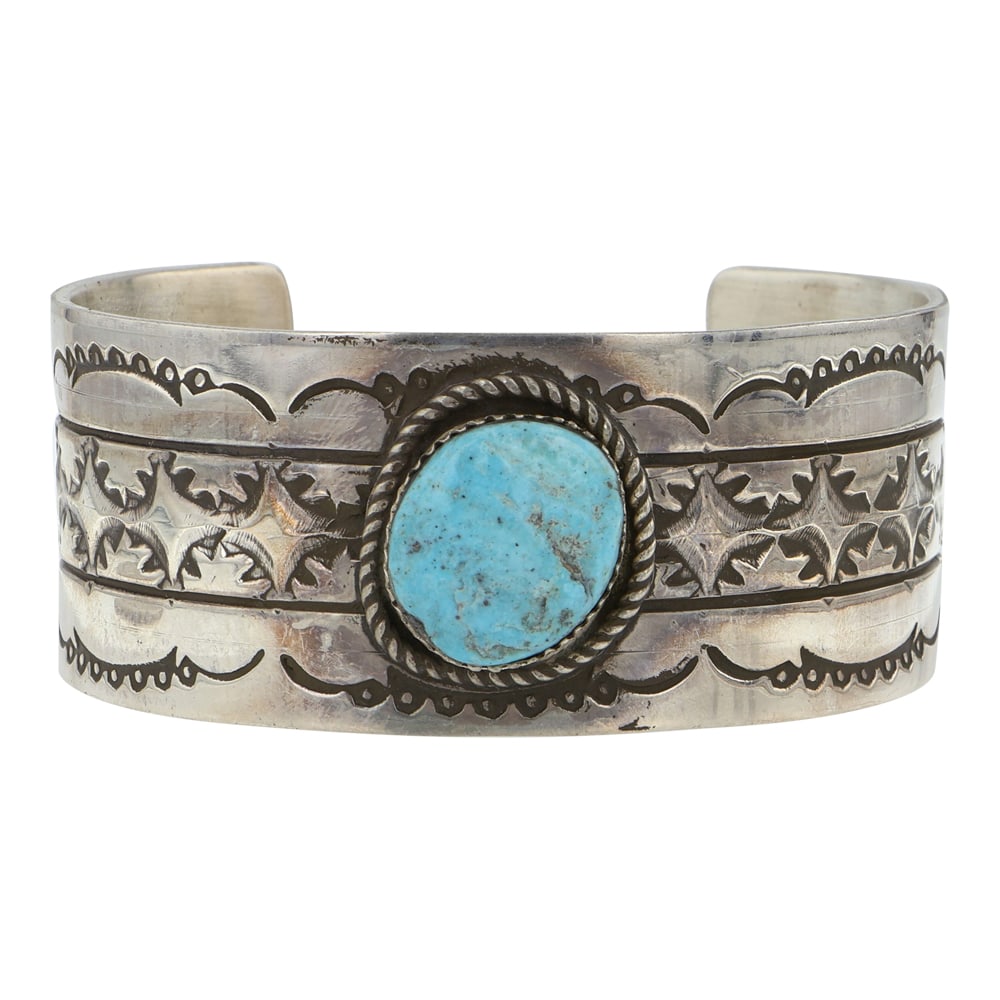Rick Enriquez Navajo Campitos Turquoise Cuff Bracelet: Sterling Silver | Genuine Campitos Turquoise | Rick Enriquez Navajo Campitos Turquoise Cuff Bracelet | Navajo Native American Southwest Indian Jewelry | Good (no breaks or damages) | Approximate Weigh