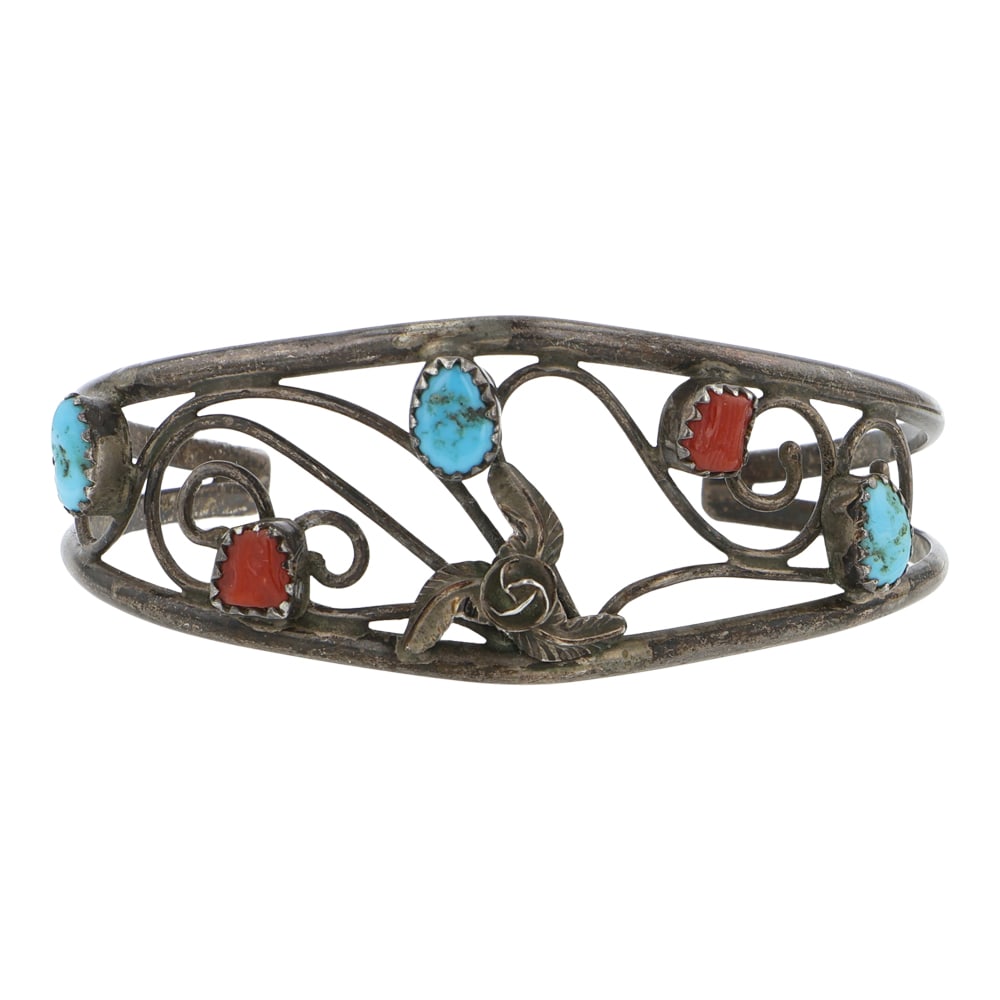 Vintage Navajo Turquoise & Coral Bracelet: Sterling Silver | Genuine Turquoise & Corak | Vintage Navajo Turquoise & Coral Bracelet | Navajo Native American Southwest Indian Jewelry | Good (no breaks or damages) | Approximate Weight:?12 Grams |