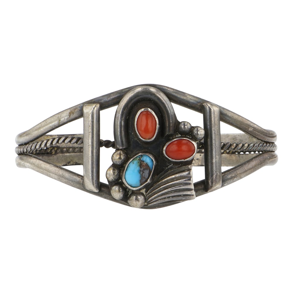 Hardy Thompson 1970's Navajo Turquoise & Mediterranean Coral Three Stone Bracelet (1 of 3)