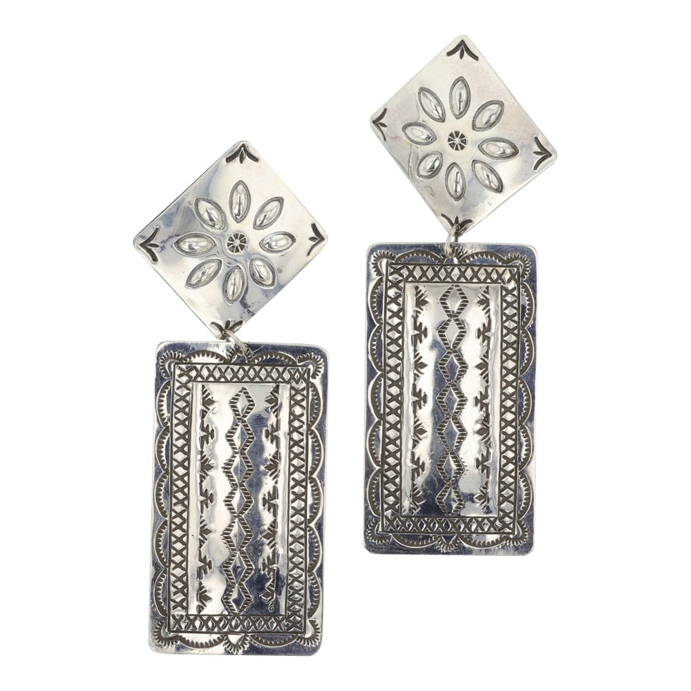 Harris Joe Navjao Plain Silver Stamp Work Earrings: Sterling Silver | | Harris Joe Navjao Plain Silver Stamp Work Earrings | Navajo Native American Southwest Indian Jewelry | Good (no breaks or damages) | Approximate Weight:?20 Grams | Earrings: 3.5" x