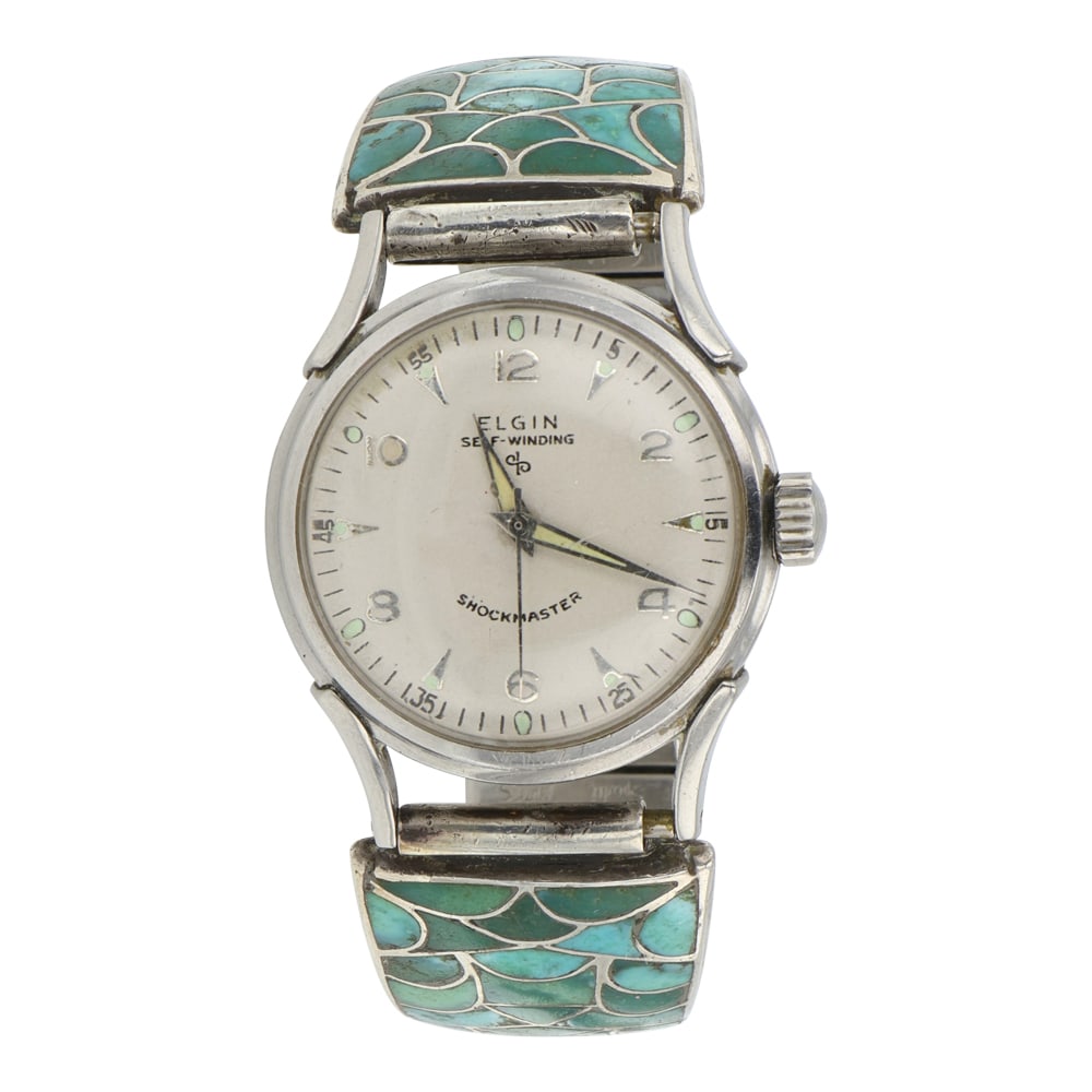 Vintage Zuni Turquoise Inlay Watch Bracelet: Sterling Silver | Genuine Turquoise | Vintage Zuni Turquoise Inlay Watch Bracelet | Navajo Native American Southwest Indian Jewelry | Good (no breaks or damages) | Approximate Weight:?58 Grams | Watch