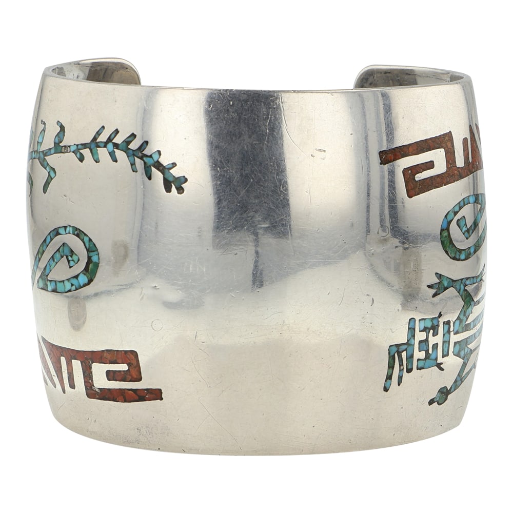 Wilson Tsosie Navajo Turquoise & Coral Chip Inlay Wide Cuff Bracelet: Sterling Silver | Genuine Turquoise & Coral | Wilson Tsosie Navajo Turquoise & Coral Chip Inlay Wide Cuff Bracelet | Navajo Native American Southwest Indian Jewelry | Good (no breaks or damages) | App