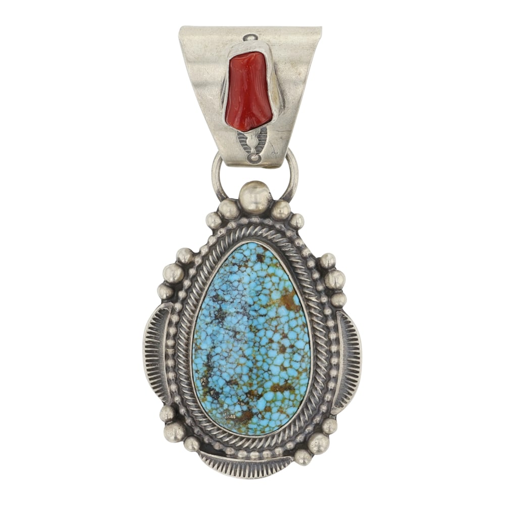 Tom Lewis Navajo Turquoise Mountain Spiderweb Turquoise Mediterranean Coral Intricate Pendant (1 of 2)