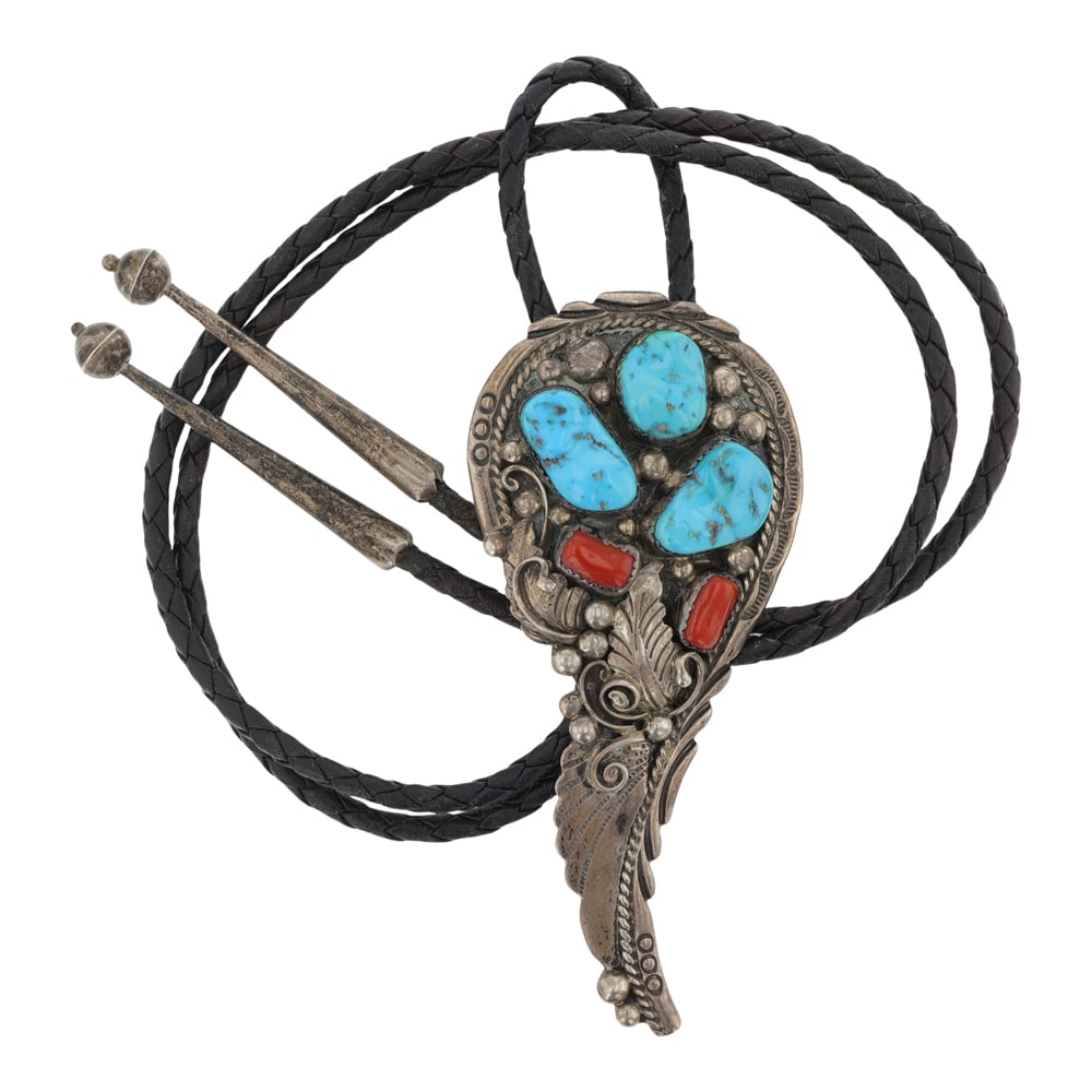 Vintage Navajo Turquoise & Coral Bolo Tie (1 of 3)