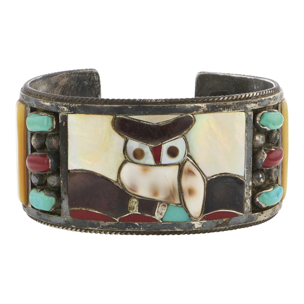 Vintage Zuni Turquoise Coral & Shell Inlay Owl Bracelet (1 of 3)