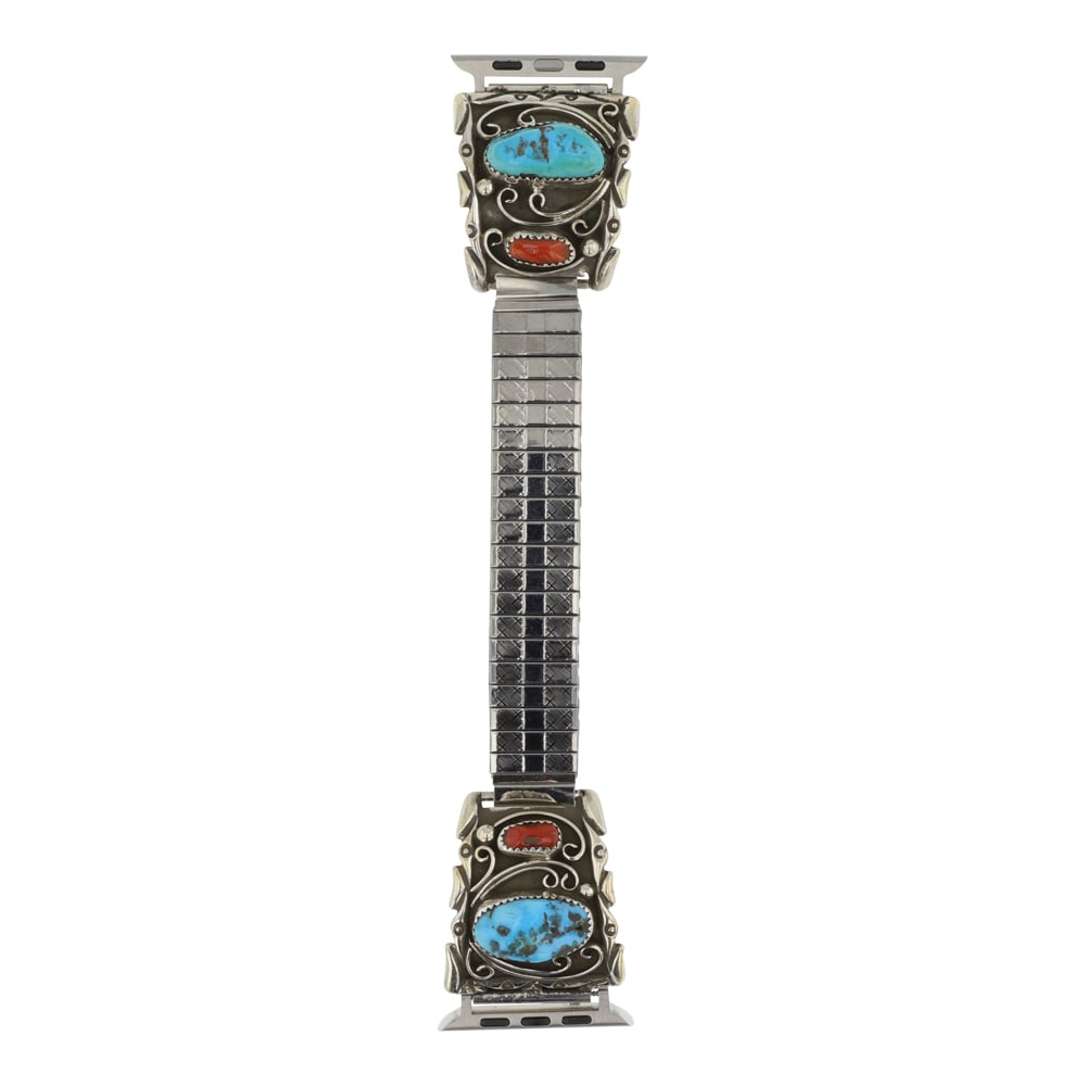 Navajo Turquoise & Coral Watch Bracelet with Apple Watch Adapter: Sterling Silver | Genuine Turquoise & Coral | Navajo Turquoise & Coral Watch Bracelet with Apple Watch Adapter | Navajo Native American Southwest Indian Jewelry | Good (no breaks or damages) | Approxi