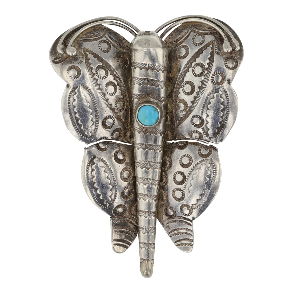 Vintage Navajo Kingman Turquoise Butterfly Pin: Sterling Silver | Genuine Kingman Turquoise | Vintage Navajo Kingman Turquoise Butterfly Pin | Navajo Native American Southwest Indian Jewelry | Good (no breaks or damages) | Approximate Weight:?27