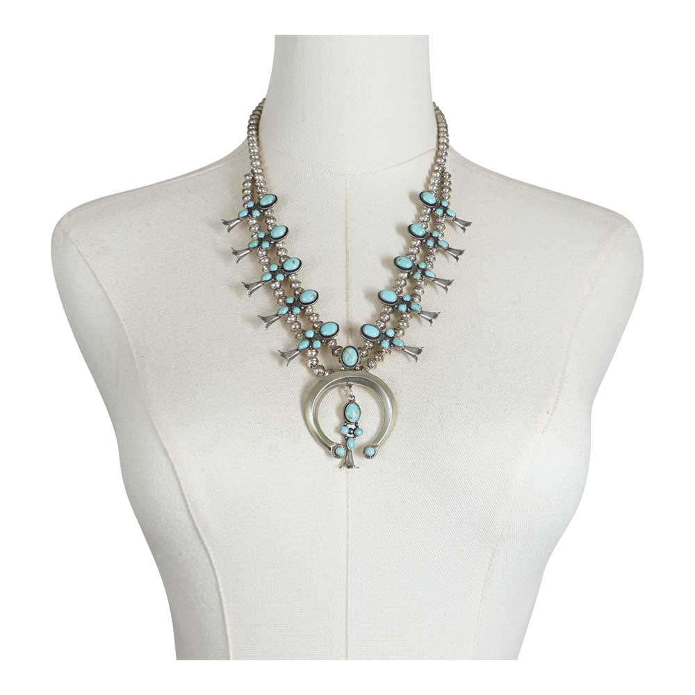 Navajo Campitos Turquoise Squash Blossom Necklace: Sterling Silver | Genuine Campitos Turquoise | Navajo Campitos Turquoise Squash Blossom Necklace | Navajo Native American Southwest Indian Jewelry | Good (no breaks or damages) | Approximate