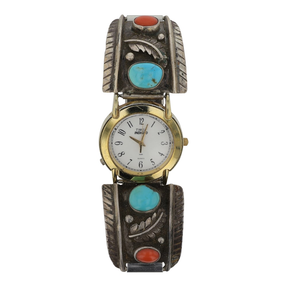 Vintage Navajo Turquoise & Coral Watch Bracelet (1 of 2)