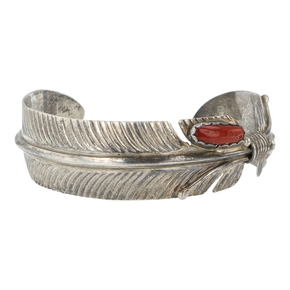 Milton Lee Sr. Navajo Mediterranean Coral Feather Bracelet: Sterling Silver | Genuine Mediterranean Coral | Milton Lee Sr. Navajo Mediterranean Coral Feather Bracelet | Navajo Native American Southwest Indian Jewelry | Good (no breaks or damages) |