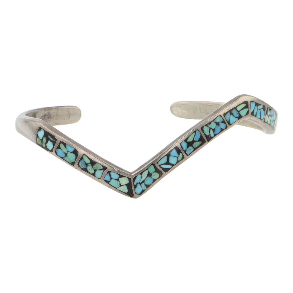 Vintage Navjao Turquoise Chip Inlay Bracelet: Sterling Silver | Genuine Turquoise | Vintage Navjao Turquoise Chip Inlay Bracelet | Navajo Native American Southwest Indian Jewelry | Good (no breaks or damages) | Approximate Weight:?18 Grams |